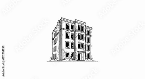 A stark, black and white sketch of a dilapidated, multi-story building with shattered windows
