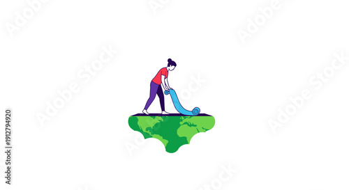 Global Yoga Practice Concept: Woman Rolling Up Exercise Mat on Earth Map. World Fitness, Wellness, and Environmental Health Vector Illustration.