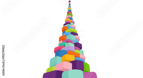 Abstract tower of colorful stacked blocks reaching high. Vertical structure symbolizing growth, stability, progress, challenge, and continuous achievement.