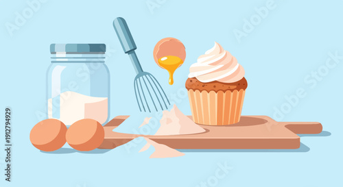 Baking ingredients including eggs, flour, a whisk, and a cupcake