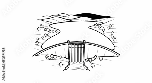 A stylized illustration of a dam holding back a large body of water