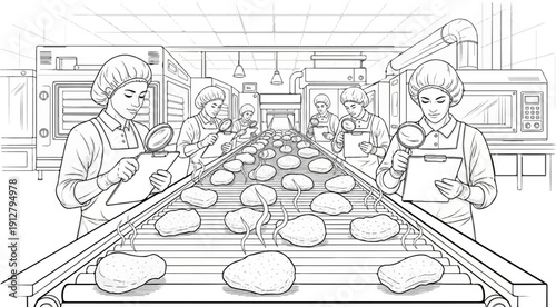 Bakery workers inspect products on a conveyor belt with ovens