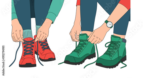 Vector Illustration: Hands Tying Hiking Boot Laces. Preparation for Trekking, Camping, or Outdoor Adventure.