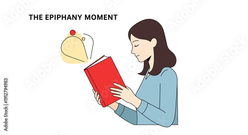 Epiphany Moment: Woman Reading Book Getting a Sudden Idea or Insight. Learning, Discovery, and Inspiration Flat Vector Illustration.
