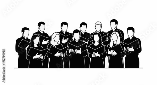 A stylized illustration of a diverse group of people singing together from sheet music