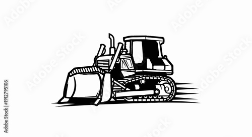 A stylized black and white illustration of a powerful bulldozer with its blade lowered