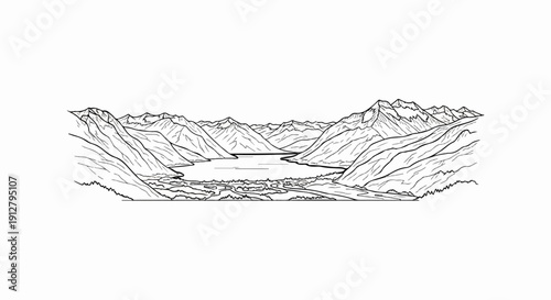A stark line drawing depicts a vast mountain range cradling a serene lake