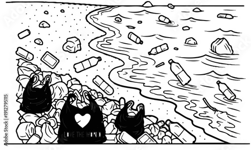 Beach litter includes plastic bottles and shopping bags on shore and in water