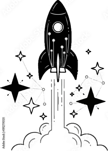 A stylized rocket ascends through a cosmic sky adorned with constellations and stars