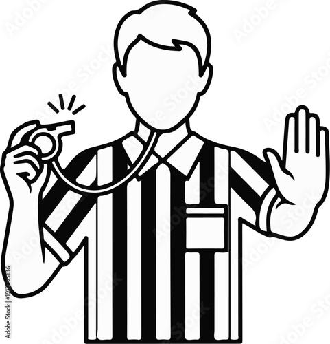 A stylized illustration of a person in a striped shirt with a whistle and a raised hand