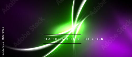 Abstract design features vibrant green, purple hues. Smooth curves create dynamic light effects. Modern, energetic visual composition.