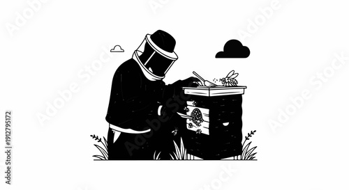 Beekeeper in protective gear tending to a hive with bees in a simple illustration