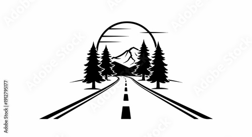 A stylized road leads towards a mountain peak under a crescent sun