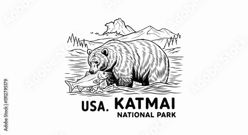 Bear fishing for salmon in a river with mountains in background