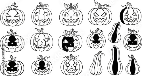A variety of carved and uncarved pumpkins for a festive Halloween display