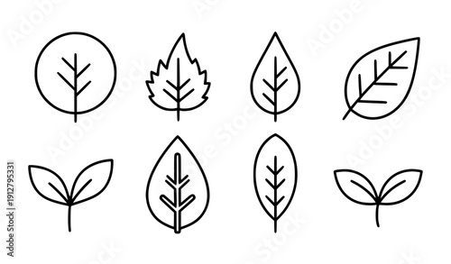 Leaf outline icons set vector minimal lineart botanical symbols isolated on transparent background