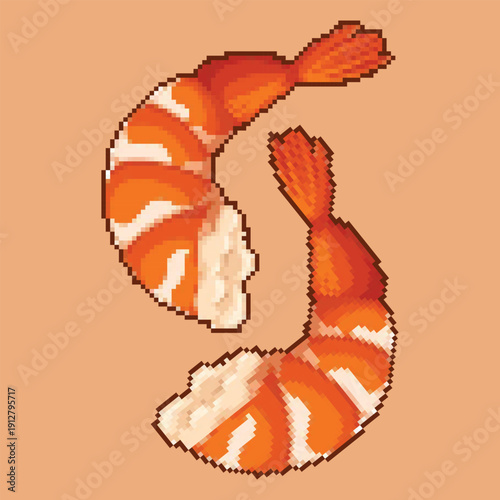 Pixel Art Shrimp Sushi Illustration – Retro 8-Bit Seafood Food Icon