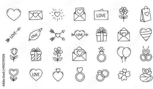 Valentines day doodle outline icon set hand drawn love romance elements hearts gifts arrows vector isolated on transparent background