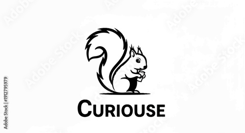 A stylized black and white illustration of a squirrel holding a small cup