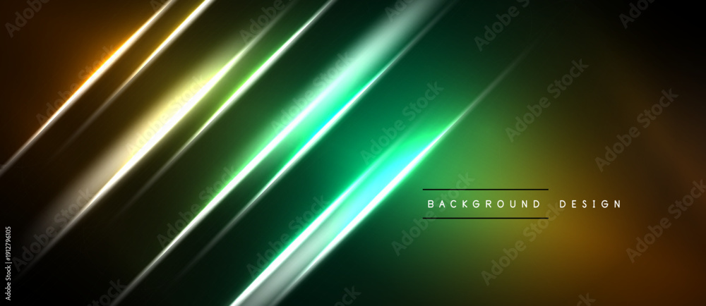Obraz premium Abstract diagonal lines create vibrant gradient effect. Dark background emphasizes glowing neon colors, modern design element.