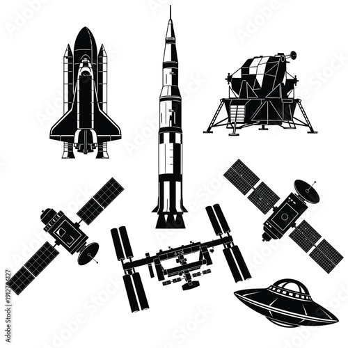 Space exploration with rockets and satellites in orbit