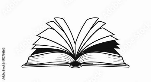 An open book with pages fanned out, depicted in stark black and white