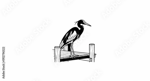 Bird standing on a wooden pier, rendered in black and white sketch