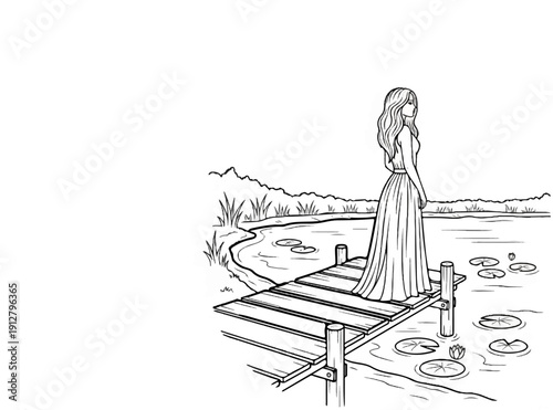 A woman in a flowing dress stands on a wooden dock surrounded by lily pads