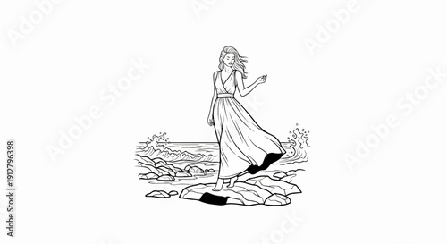 A woman in a flowing dress stands on rocks by a stormy sea