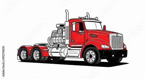 A vibrant red semi-truck with a complex engine and large tires is shown