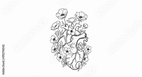 Anatomical heart illustration with blooming flowers