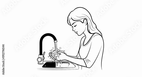 A woman washes her hands under running water from a faucet into a sink
