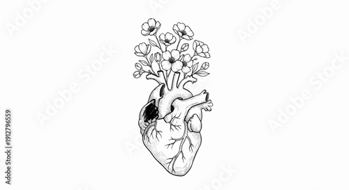 Anatomical heart with blooming flowers illustration