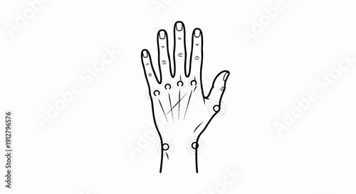 Anatomical illustration of a hand with circular markers indicating points