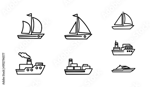 Sailboat and ship outline icons set vector nautical transport isolated on transparent background