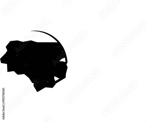 Abstract black shape resembling a fractured brain with a curved arc