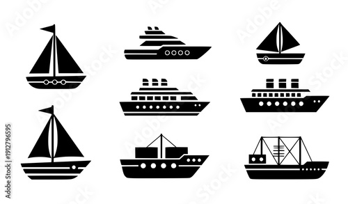 Flat sailboat and ship illustration set vector marine boat icons isolated on transparent background