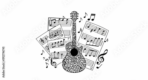 Acoustic guitar artfully composed of musical notes and surrounded by sheet music