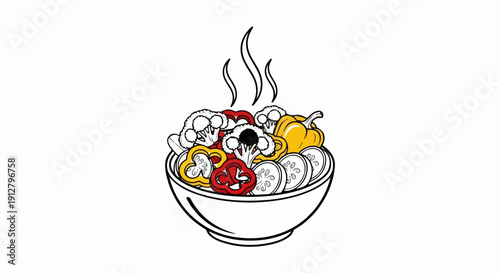 A steaming bowl filled with colorful sliced bell peppers and cauliflower florets