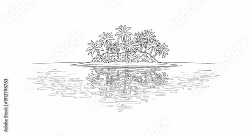 A stylized sketch of a tropical island with palm trees and its reflection in water