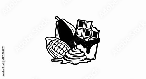 A stylized illustration of cocoa pod halves, a bitten chocolate bar, and whipped cream