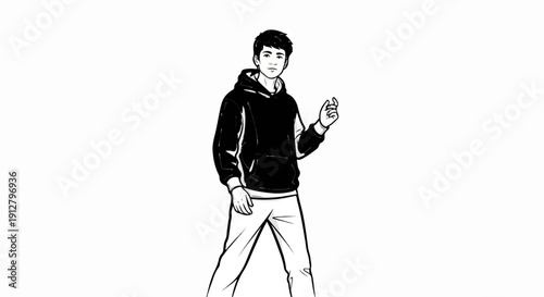 A stylized sketch of a young man in a hoodie, arms relaxed, with one hand raised