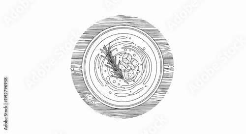 A stylized black and white sketch of a bowl of soup with croutons and rosemary