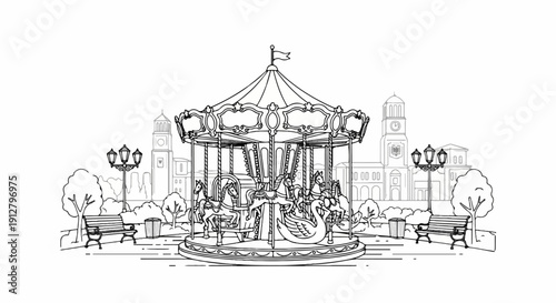 A vintage carousel with horses and a swan in a park