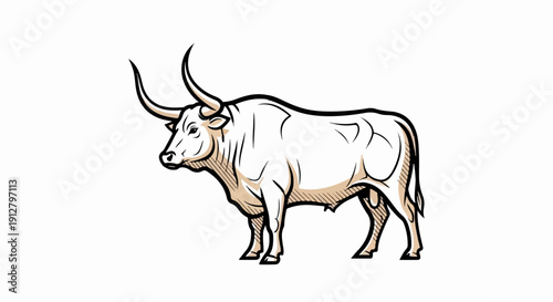 A stylized illustration of a white bull with large horns stands on a white background