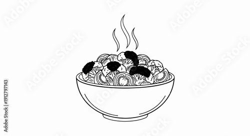 A steaming bowl of fresh vegetables, including tomatoes and broccoli