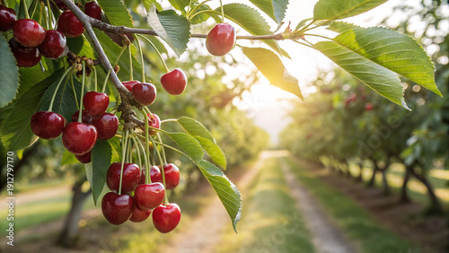 Bild auf Leinwand Closeup of ripe red cherries hanging on a branch in a cherry orchard