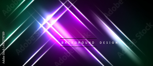 Abstract neon lines intersect dark background. Vibrant purple, green hues create futuristic visual effect. Design features bright light flares.