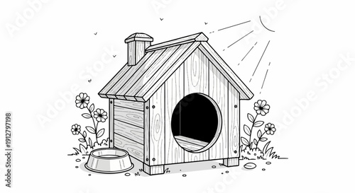 A wooden dog house stands in a sunny yard with flowers and birds