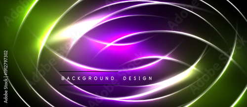 Abstract neon lines create dynamic circular patterns. Vibrant green, purple hues dominate dark background. Modern design element.